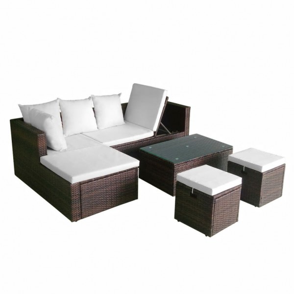 4 pcs conjunto lounge jardim c/ almofadões vime PE castanho M 5