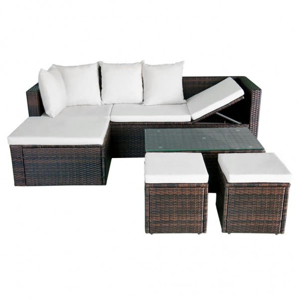 4 pcs conjunto lounge jardim c/ almofadões vime PE castanho M 2