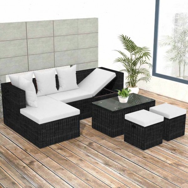 Set muebles de jardín 4 piezas y cojines ratán sintético negro M 5