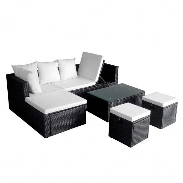 4 pcs conjunto lounge de jardim c/ almofadões vime PE preto M 3
