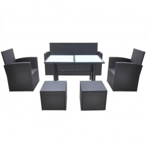 Set comedor de jardín 6 piezas y cojines ratán sintético negro H