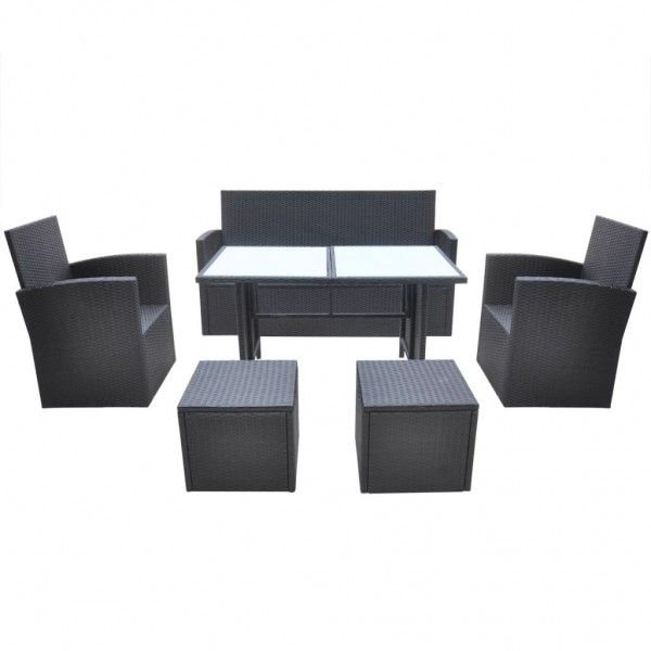 6 pcs conjunto jantar exterior com almofadões vime PE preto M 2