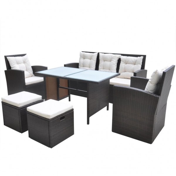 Set comedor de jardín 6 piezas y cojines ratán sintético marrón D