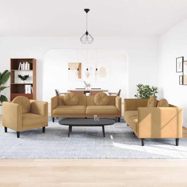 Juego de sofás con cojines 3 piezas terciopelo marrón D