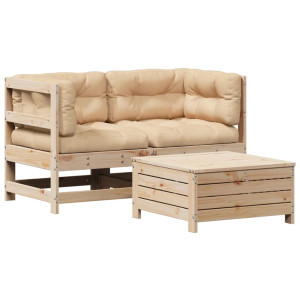Juego de muebles de jardín 3 pzas y cojines madera maciza pino H