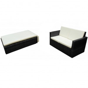 2 pcs conjunto lounge de jardim c/ almofadões vime PE preto H