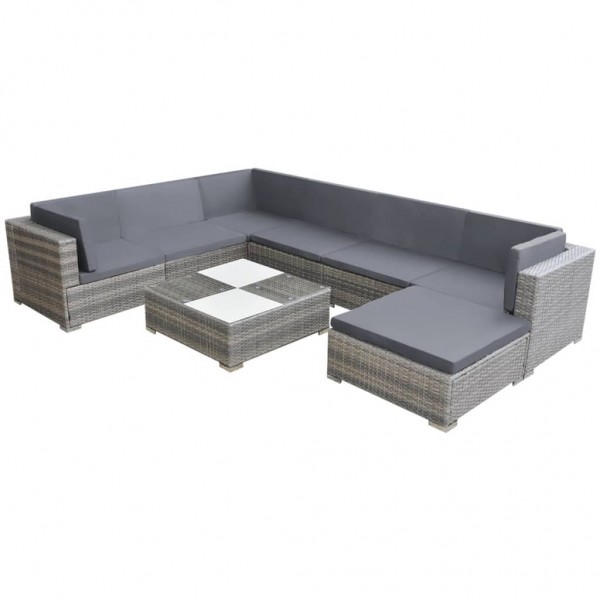8 pcs conjunto lounge de jardim c/ almofadões vime PE cinzento D