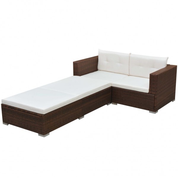3 pcs conjunto lounge jardim c/ almofadões vime PE castanho D
