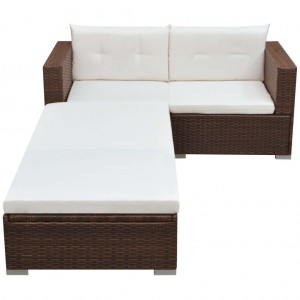 3 pcs conjunto lounge jardim c/ almofadões vime PE castanho H