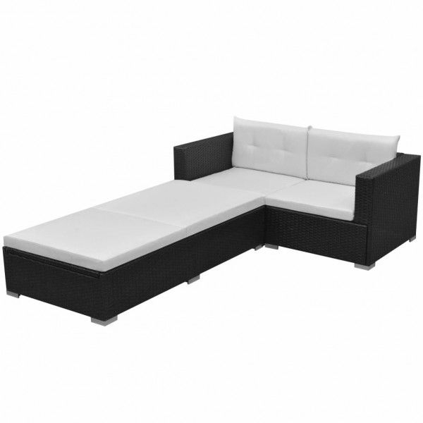 Set de muebles de jardín 3 piezas y cojines ratán sintético negro M 2
