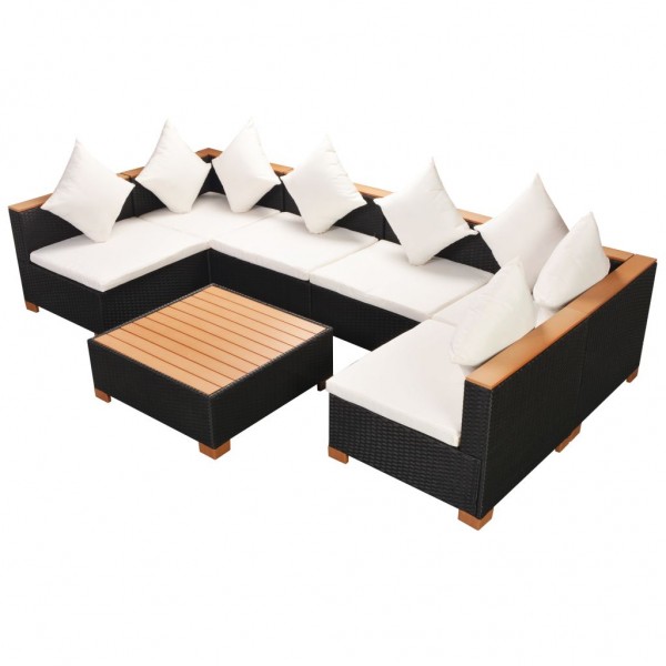 7 pcs conjunto lounge de jardim c/ almofadões vime PE preto M 4