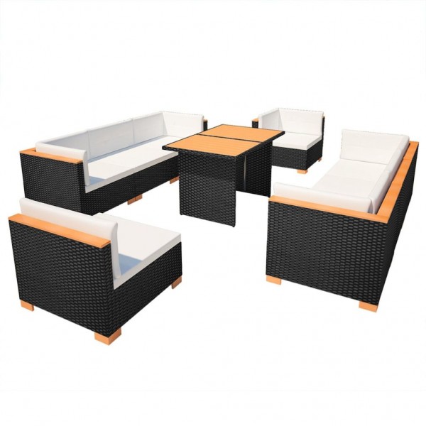 10 pcs conjunto lounge de jardim c/ almofadões vime PE preto M 2