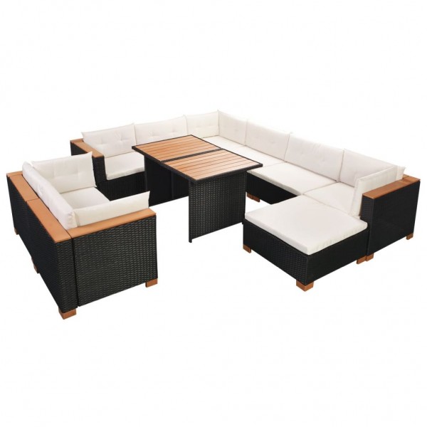 10 pcs conjunto lounge de jardim c/ almofadões vime PE preto M 3