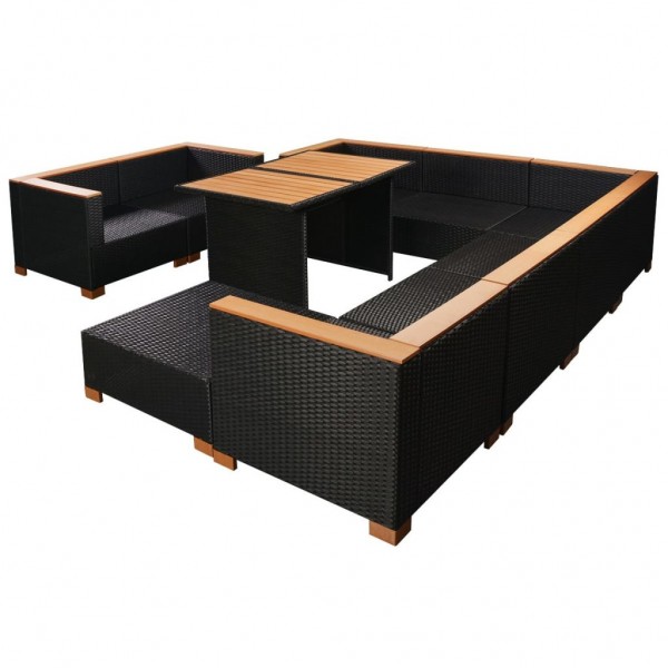 10 pcs conjunto lounge de jardim c/ almofadões vime PE preto M 4