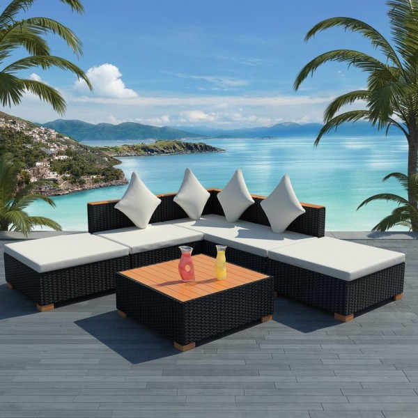 6 pcs conjunto lounge de jardim c/ almofadões vime PE preto D