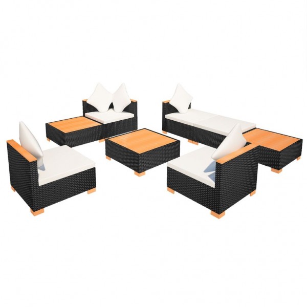 8 pcs conjunto lounge de jardim c/ almofadões vime PE preto M 5