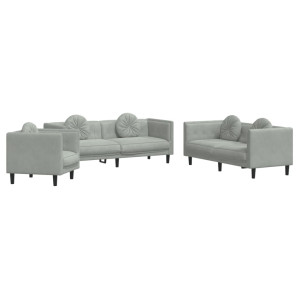 3 pcs conjunto de sofás com almofadas veludo cinzento-claro H