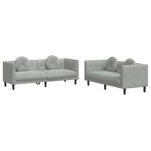 2 pcs conjunto de sofás com almofadas veludo cinzento-claro H