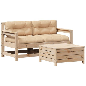 Juego de muebles de jardín 3 pzas y cojines madera maciza pino H