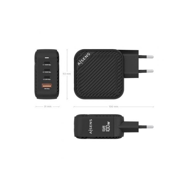 Cargador gan de pared aisens asch-100w4p029-bk/ 3xusb tipo-c/ 1x usb/ 100w M 4