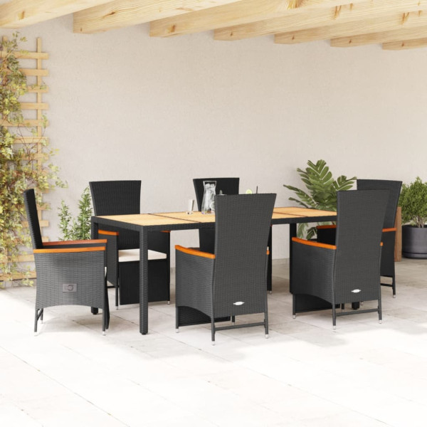 7 pcs conjunto de jantar p/ jardim c/ almofadões vime PE preto D