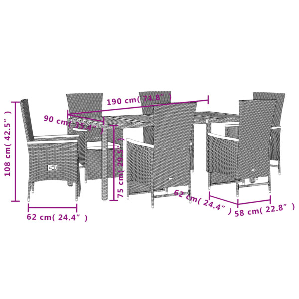 7 pcs conjunto de jantar p/ jardim c/ almofadões vime PE preto M 5