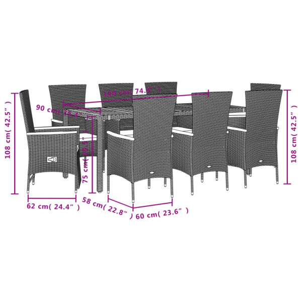 Set de comedor de jardín 9 pzas y cojines ratán sintético negro M 5
