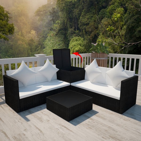 4 pcs conjunto lounge de jardim c/ almofadões vime PE preto M 3