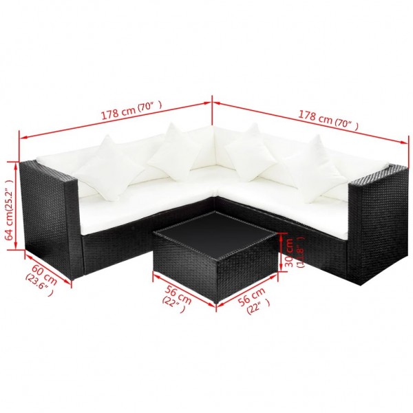 Set de muebles de jardín 4 pzas y cojines ratán sintético negro M 4