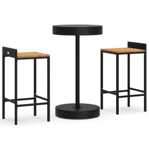 3 pcs conjunto de bar p/ jardim vime PE/acácia maciça preto H