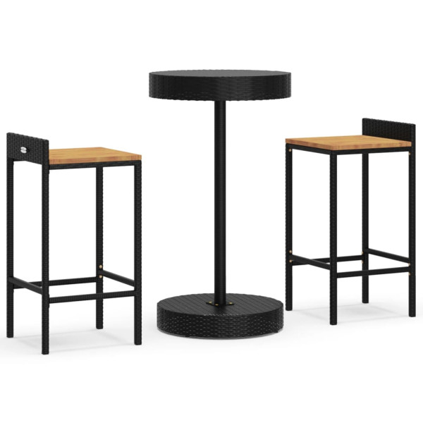 3 pcs conjunto de bar p/ jardim vime PE/acácia maciça preto M 2