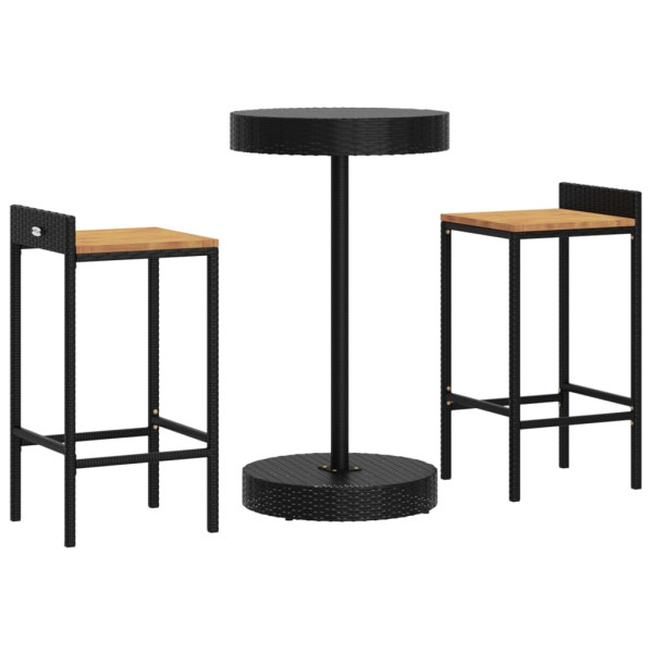 3 pcs conjunto de bar p/ jardim vime PE/acácia maciça preto M 3