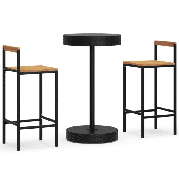 3 pcs conjunto de bar p/ jardim vime PE/acácia maciça preto M 2