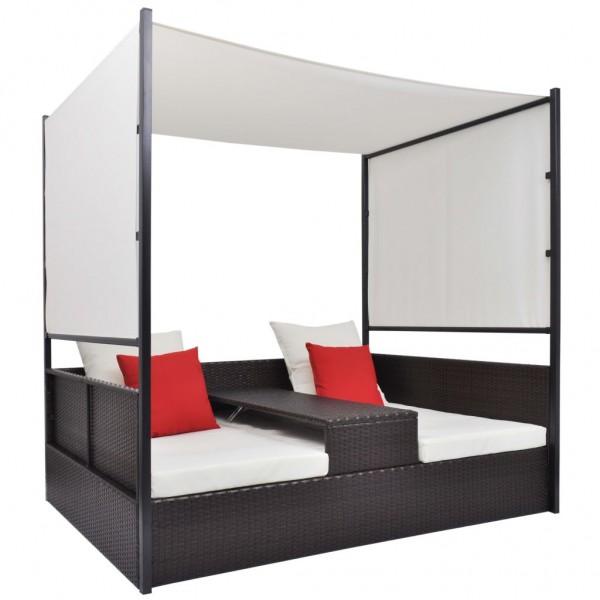 Cama de jardín con toldo ratán sintético marrón 190x130 cm D