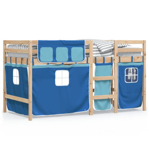 Cama alta para niños con cortinas madera pino azul 90x190 cm H