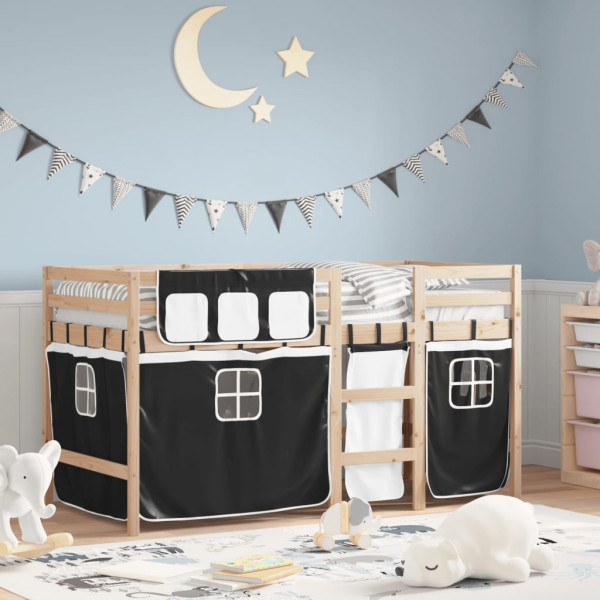 Cama alta niños con cortinas madera pino blanco negro 90x190 cm D