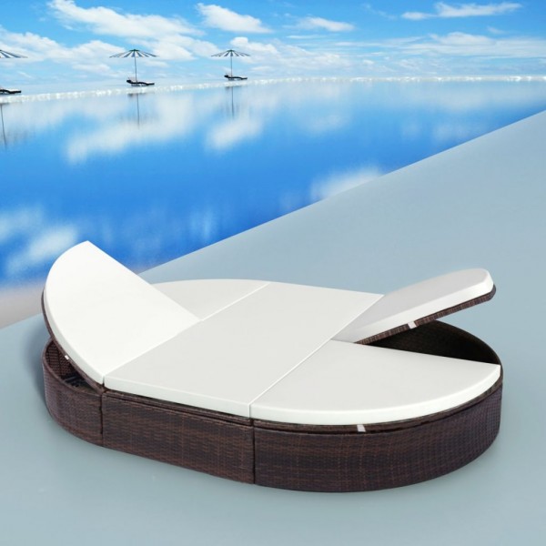 Tumbona de jardín con cortinas de ratán sintético marrón D