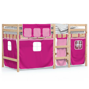 Cama alta para niños con cortinas madera pino rosa 90x190 cm H