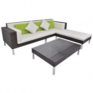 4 pcs conjunto lounge jardim c/ almofadões vime PE castanho H