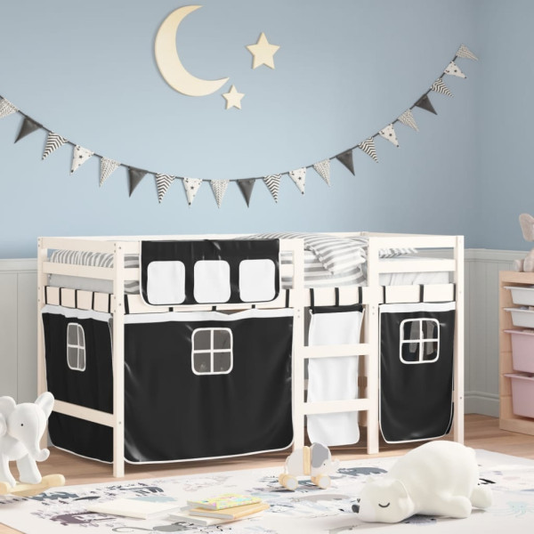 Cama alta niños con cortinas madera pino blanco negro 90x190 cm D
