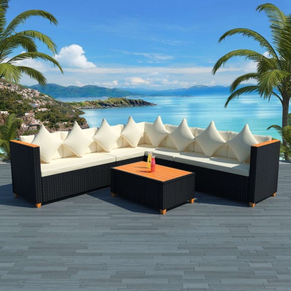 5 pcs conjunto lounge de jardim c/ almofadões vime PE preto D