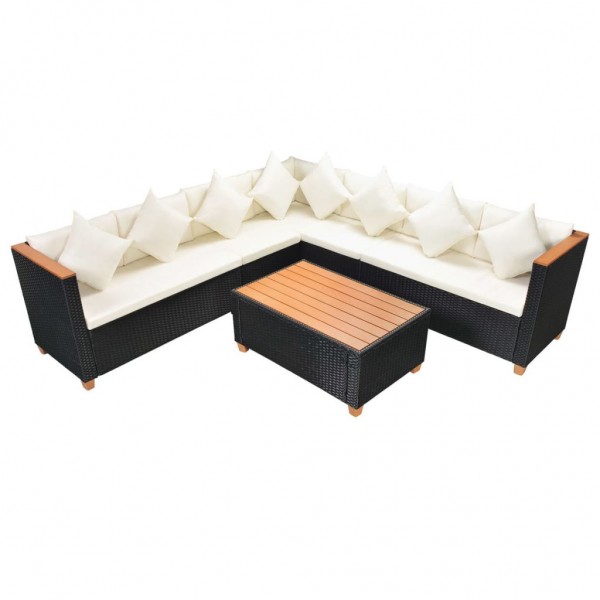 5 pcs conjunto lounge de jardim c/ almofadões vime PE preto M 3