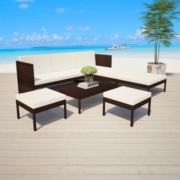 Set muebles de jardín 6 piezas y cojines ratán sintético marrón D