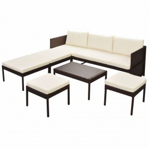 6 pcs conjunto lounge jardim c/ almofadões vime PE castanho H