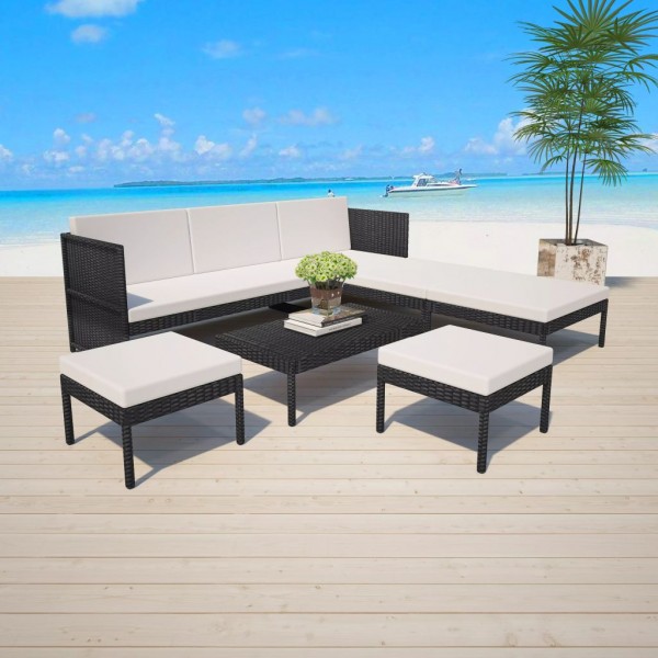 6 pcs conjunto lounge de jardim c/ almofadões vime PE preto D