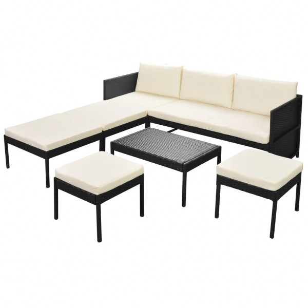 Set muebles de jardín 6 piezas y cojines ratán sintético negro M 2