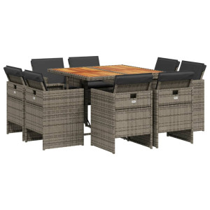 Set comedor jardín 9 pzas y cojines ratán sintético gris H