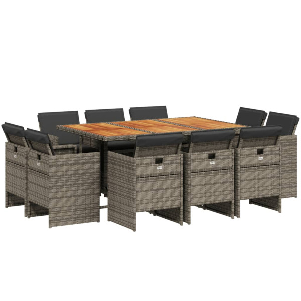 11 pcs conjunto jantar p/ jardim c/ almofadões vime PE cinzento M 2