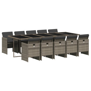 Set de comedor de jardín 11 pzas y cojines ratán sintético gris H