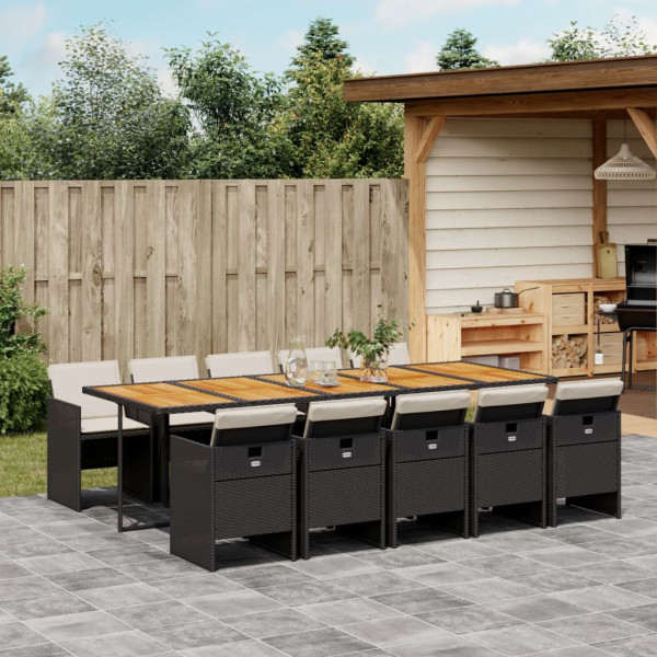 11 pcs conjunto de jantar p/ jardim c/ almofadões vime PE preto D